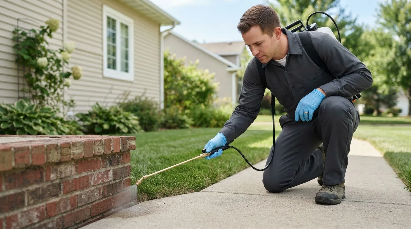 Pest control technician treating a home near Wisconsin Rapids, WI